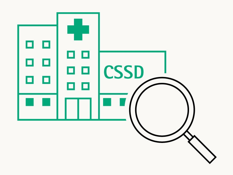 Ikon med et forstørrelsesglas og en cssd-bygning